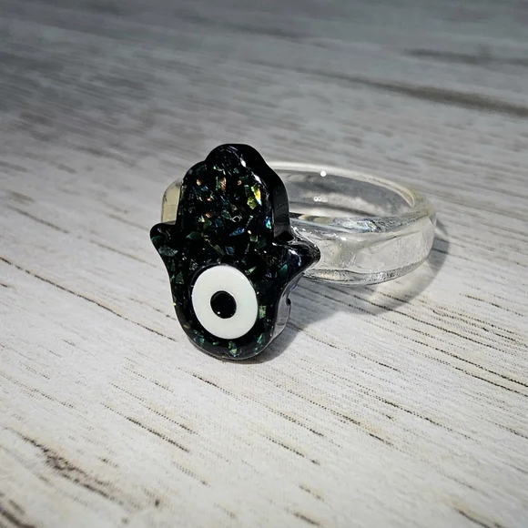 Hamsa Evil Eye Sparkle Ring Black Y2K - Picture 4 of 7